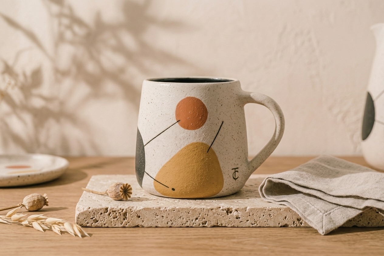 mug signature tc Mug en grès artisanal beige avec motif géométrique de la Collection Signature Atelier Terres Claires