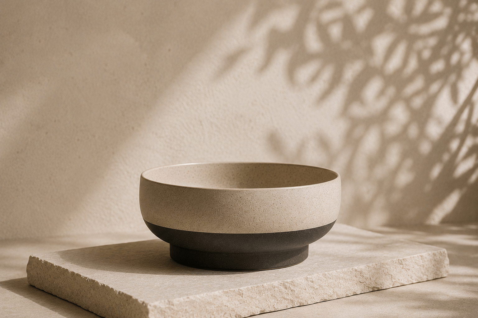 bol-en-ceramique-collection-design Bol décoratif en céramique crème et noir mat posé sur un socle en pierre